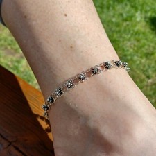 Sterling Silver Double Links And Flowers Anklet
