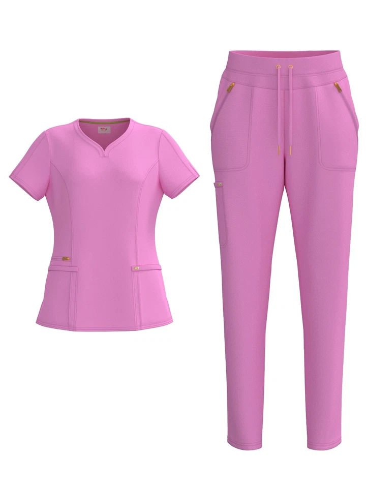 Women's 4 Way STRETCH Sweat Heart Neck Top with Zipper Cargo Scrub Pants - Image 3 of 4