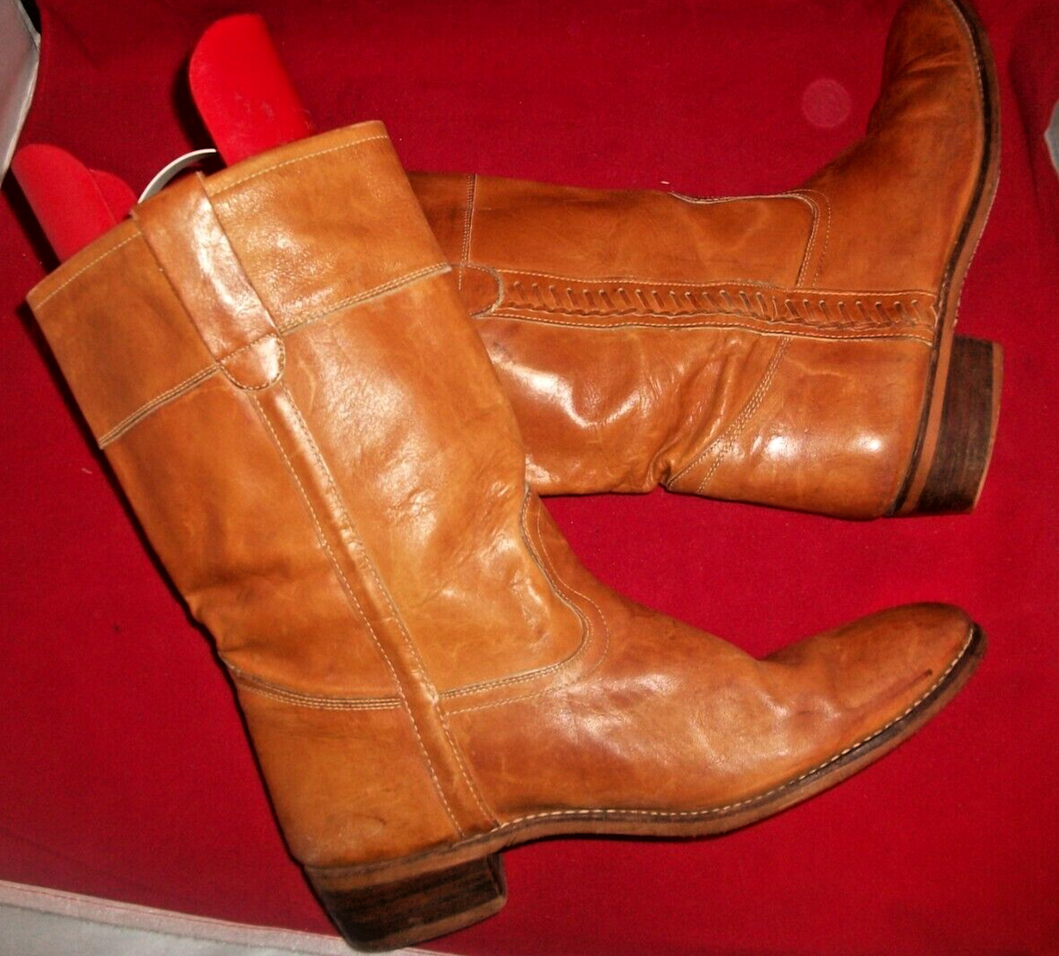 Vtg Aged-Butterscotch-Tan-Leather Mid-Calf Broad-… - image 2