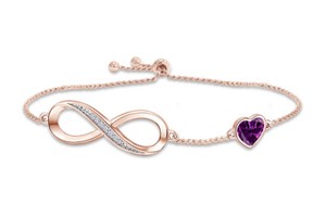 Authentic Simulated Diamond Amethyst Heart Symbol Charm Bracelet in 14K Gold Plated Silver