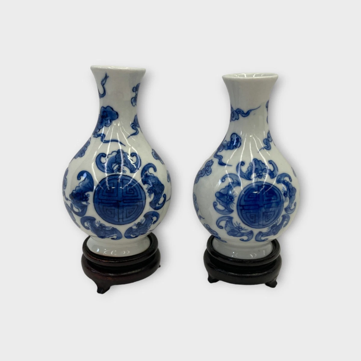 Pair of Small Blue & White Chinese Vases on Stands Bat Motif & Clouds 9cm