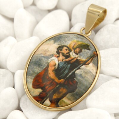 14k Yellow GOLD Saint St Christopher Religious Catholic Protection Pendant Medal