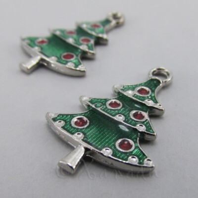 2 SILVER TONE ENAMEL CHRISTMAS TREE CHARMS/PENDANT 37x31mm