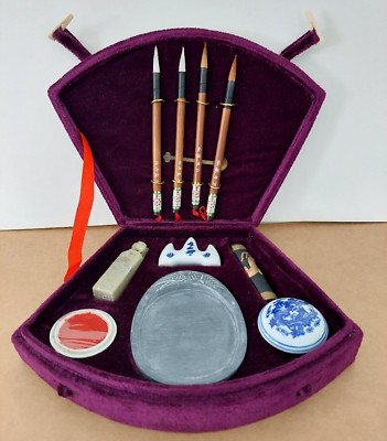 Vintage CHINESE CALLIGRAPHY Writing Set 13 Piece Plum Velvet Complete ...