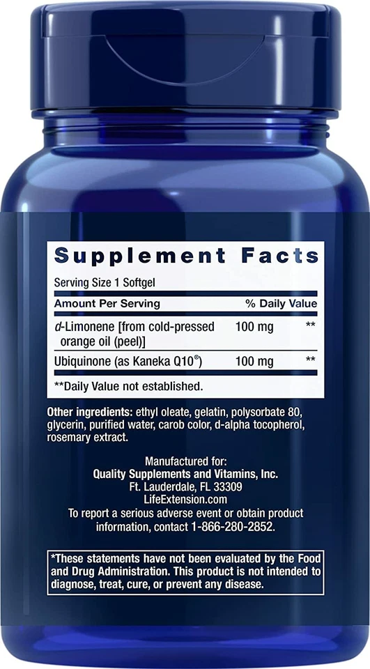 PACK de 2 Life Extension súper absorbible CoQ10 100 mg d-limoneno para cardio 60SG Foto 3 de 4