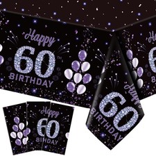 Ganeen 3 Pack 60th Birthday Tablecloth Purple Black Happy 60th Birthday Decor...