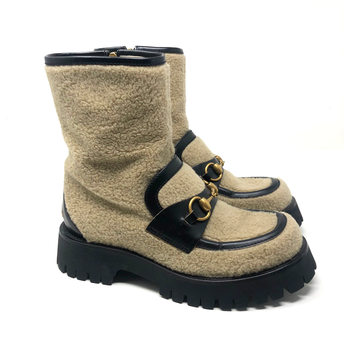 Gucci Ankle Shearling Combat Boot Horsebit Womens 37.5 US 7.5