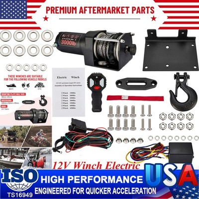 ATV UTV Winch Kit 12V Winch Electric 3000LB Synthetic Boat 4WD Wireless Remote