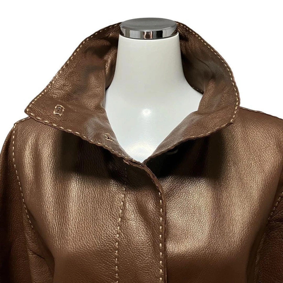 USED LL FENDI SELLERIA LEATHER LONG COAT, HAND STITCHED GOOD - Image 2 of 4