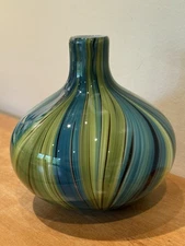 Annie Selke Green Wave Glass Vase, Bulb Shape, 7” EUC
