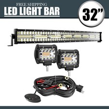 32" Curved 672W Triple Row LED Light Bar Spot Flood 4" 60W Pods for ATV Truck