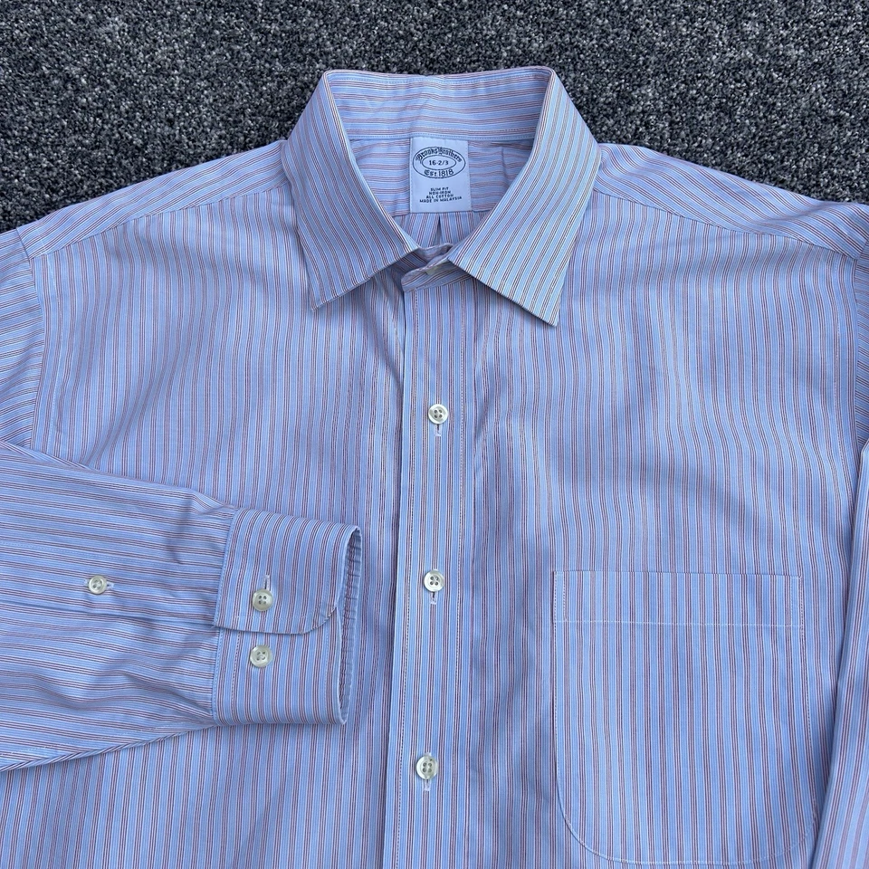 Brookes Brothers Shirt Blue/red Striped Non Iron Slim Fit Mens 16” - Image 4 of 4