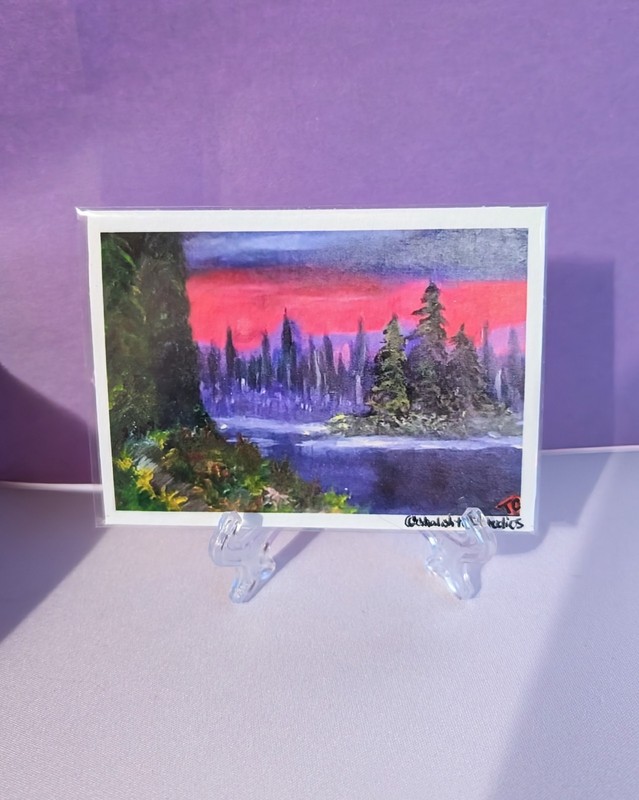 ACEO Mini Print, Pink Sky, Lake Landscape, original Acrylic | Trinity Contini 
