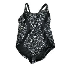 Lands' End One Piece Swimsuit Black Gray Floral Criss Cross Back 16P