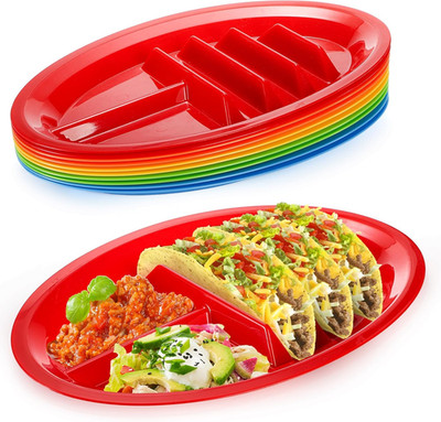 10 Pack Plastic Taco Plates for Party, Large Taco Holder with 2 Dipping Areas, S
