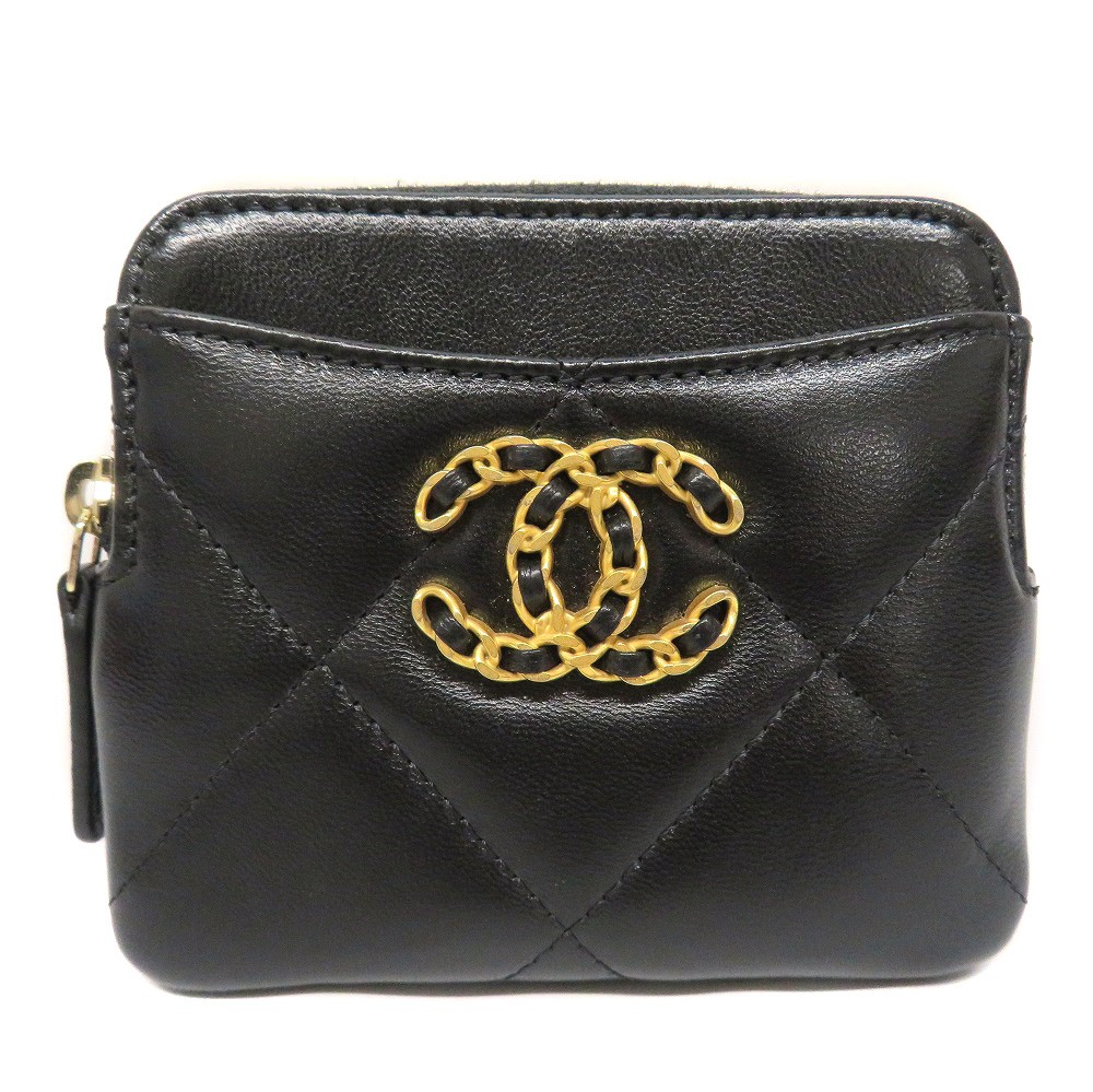 Chanel 19 Zip Coin Purse Card Case Coco Mark Lambskin Leather Black W/Box Auth