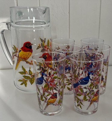 Vintage 70er Jahre Luminarc Waldvogel Glas Krug & 6 Gläser sauber sehr guter Zustand