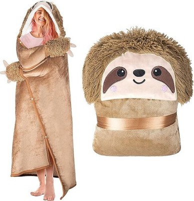 Sloth Wearable Hooded Blanket Sherpa Fleece  Oversized 60 x 52 Inch Happy Fuel