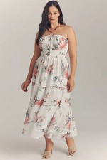 The Somerset by Anthropologie Strapless Chiffon Floral Midi Dress Size M Ivory