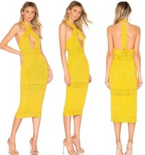 NBD Dress Women Medium Yellow Brandy Open Knit Crochet Halter Neck Midi Retro