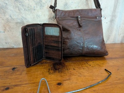 Spikes & Sparrow New Genuine Distressed Leather Messenger  &  Large Vest Wallet 