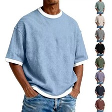 Men's Crew Neck Contrast Color Casual T-Shirt - Cotton Blend Lightweight Short S