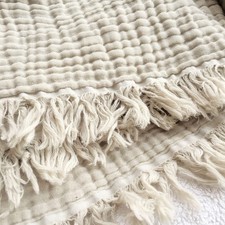 Organic Cotton Oatmeal Khaki Throw Blanket Lightweight Breathable Decorative .