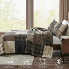 Farmhouse King Quilt Set Rustic Country Plaid Lodge Mountain Cabin Bedding 3Pc