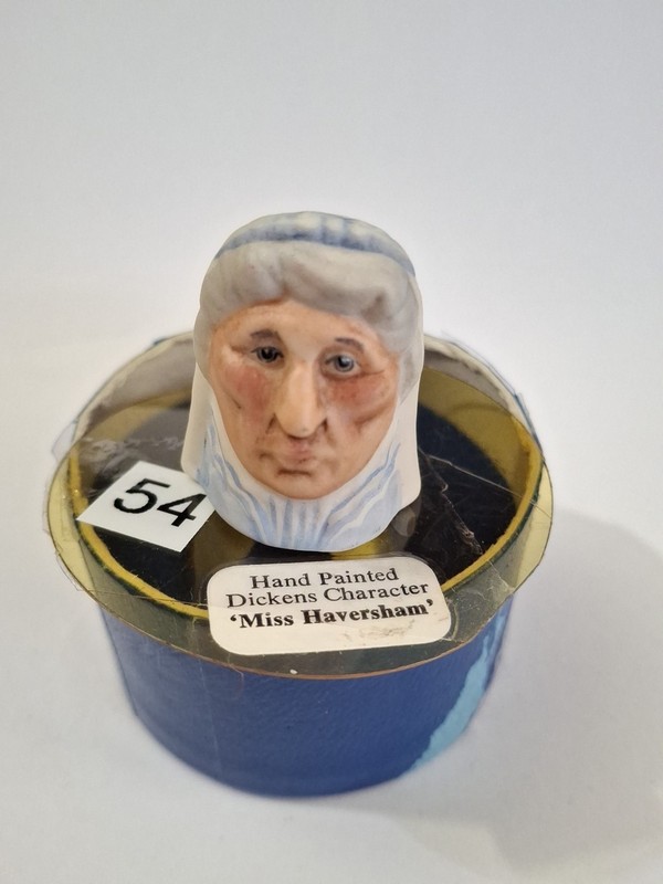 Harmer Staffordshire Dickens Miss Haversham Porcelain  Thimble & Box HP England 