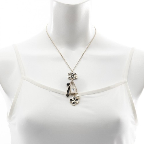 CHANEL COCO Mark Icon Charm Necklace Gold Plated Peark Black White Used CC women - Picture 5 of 5