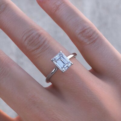 4Ct Emerald Cut DVVS1 Simulated Diamond Hidden Halo Ring 14K White Gold Plated