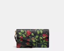 COACH #CC860 Travel Envelope Wallet Leather Fairytale Rose Print - Black Multi