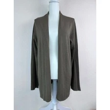 Eileen Fisher women's large grey brown open front cardigan silk blend stretch