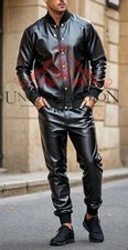 Mens Black Soft Leather Jogging Walking Road Tracksuit Button Jacket Trouser Set