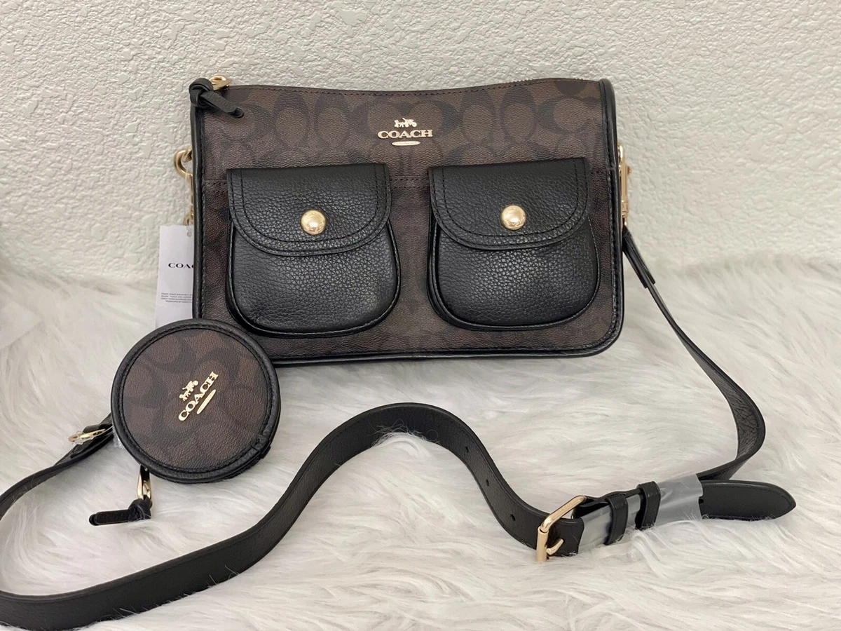 NWT Coach Pennie Crossbody With Coin Case In Signature Canvas Brown Black  C5675