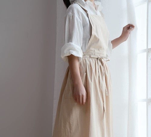 Women Cotton Linen Cross Back Apron with Pockets Gardening Work Pinafore Dress - Picture 4 of 5