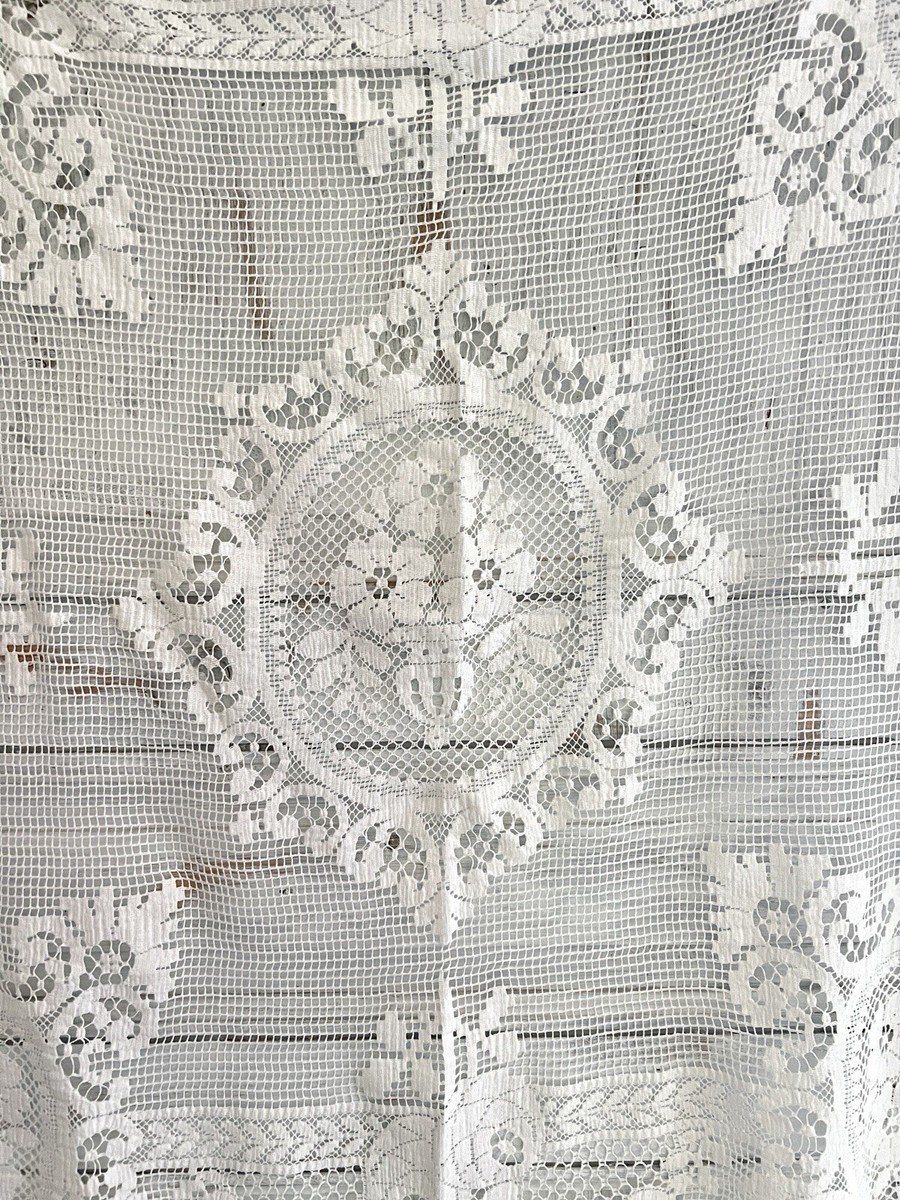 Antique French EMBROIDERED filet lace tea TABLECLOTH FRINGES