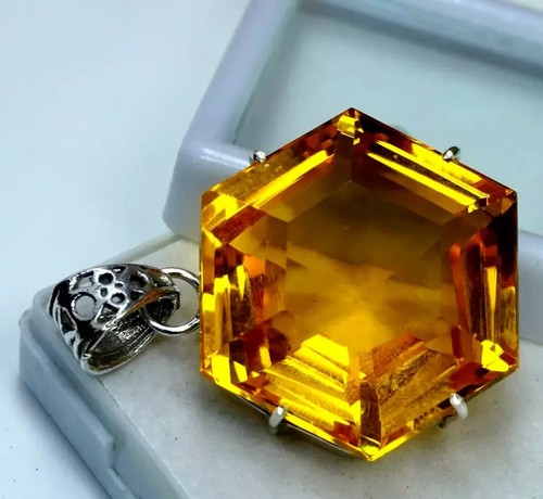 92 Ct+ Natural Yellow Citrine Hexagon Cut 925 Solid Silver Pendant Gemstone - Picture 4 of 5
