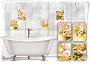 Fliesen-Aufkleber SPA Wellness Kirsche Blüten Blätter Ast Weiß Grün Bad