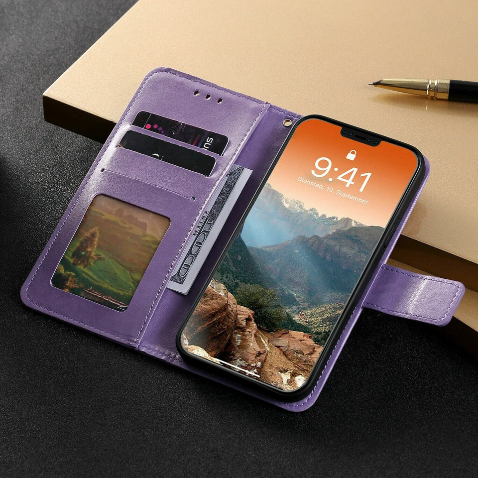 Funda tipo billetera de cuero para teléfono para iPhone 16 Pro Max 16E 15 14 13 11 12 XR 8 7 Foto 2 de 4