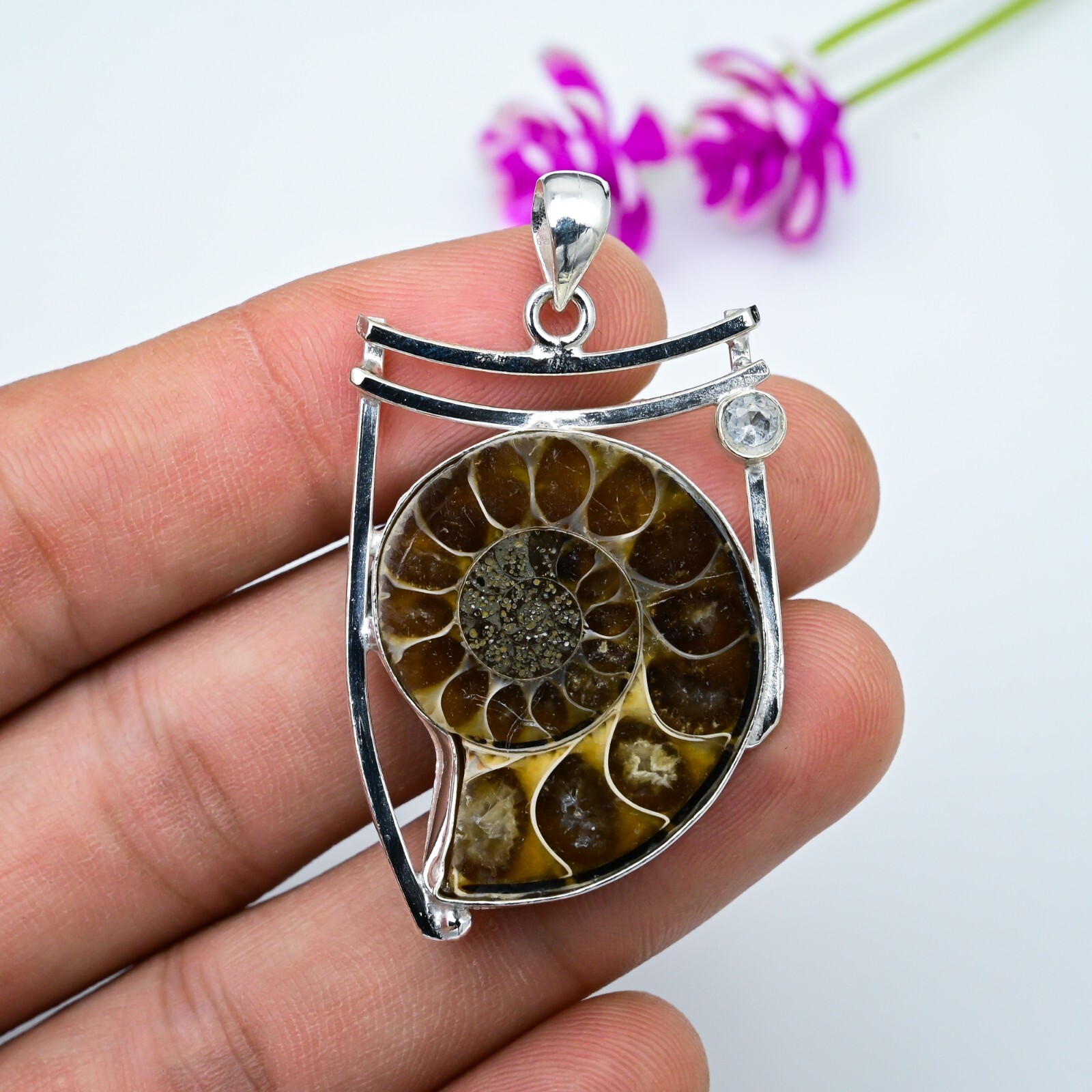 Ammonite Pendant 925 Sterling Silver Jewelry Beautiful White Topaz Pendant Gift