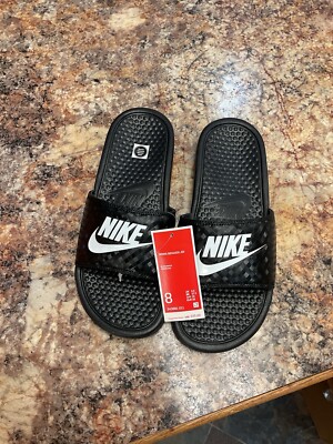 Nike Women s Benassi  Black & White Logo Slide Flip Flop Sandals Size 8.0