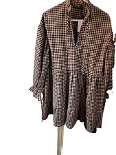 Nastygal Checkered Babydoll Long Sleeve Boho Dress Open Tie Neckline Ties M/L