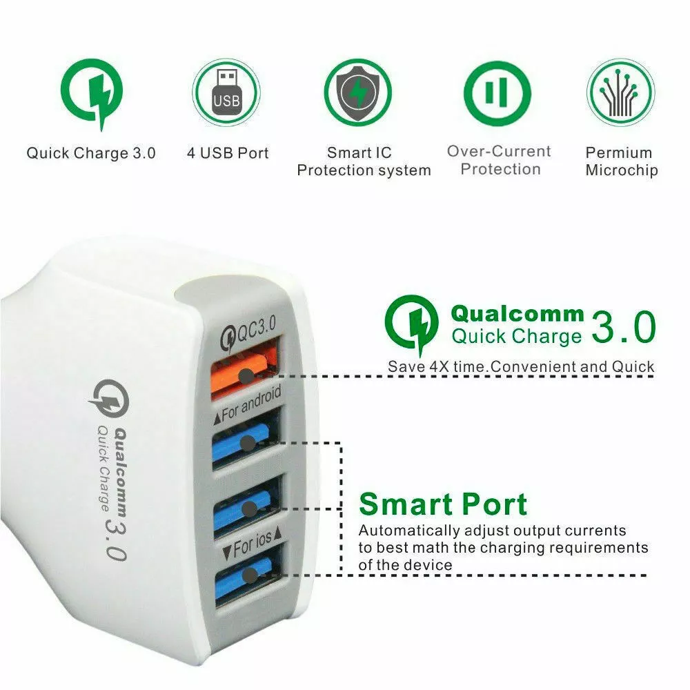 4 Ports USB Car Charger Adapter Socket Quick Charge HQ 3.0 5V 9V 12V Fast