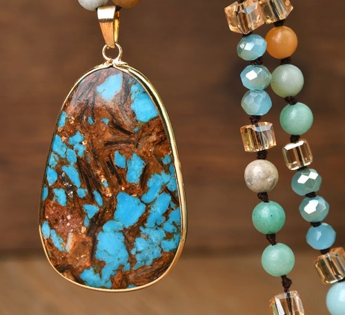 18K Yellow Gold Plated Blue Sea Sediment Jasper Amazonite Long Pendant Necklace - Picture 3 of 7