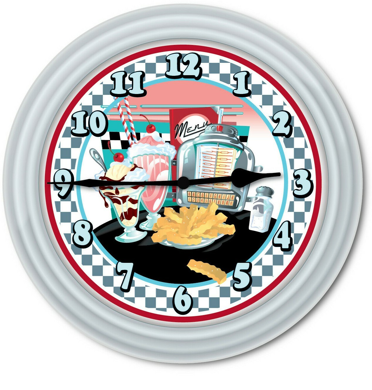 Retro Diner Kitchen Wall Clock - 50's Decor Juke Box Checker Milkshake Silver