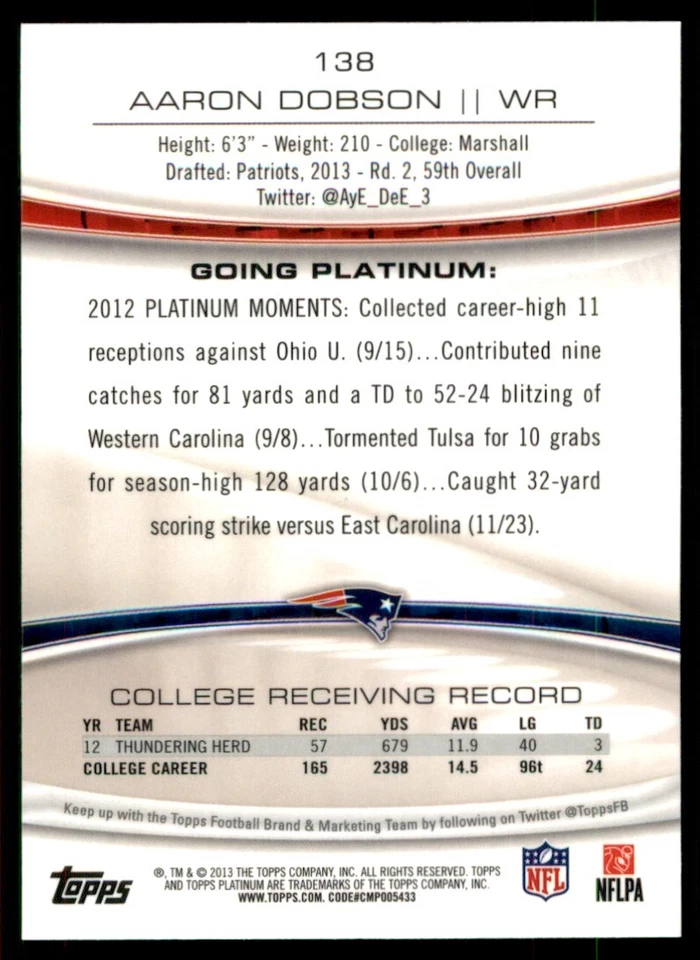 2013 Topps Platinum Aaron Dobson RC New England Patriots #138 - Image 2 of 2