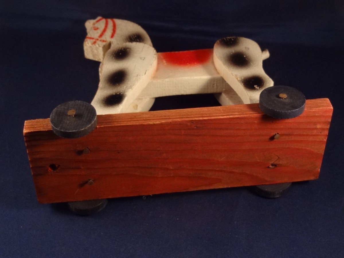Ancien Jouet à Tirer – Cheval En Bois Peint Miniature Sur Roues (années 30/40)