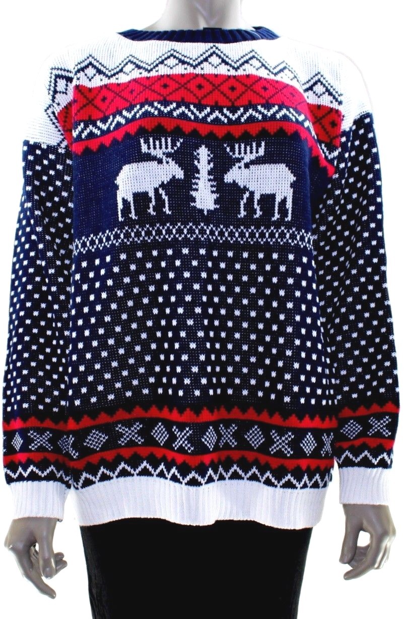 Novelty JUMPER Knitted BLUE RED Christmas REINDEER Festive Oversized Baggy | 50