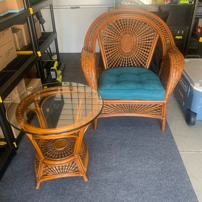 Wicker Chair with Cushion Round Glass Table From Pier Imports